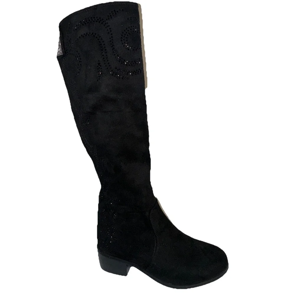 AzuraKnee‎ High Boots Womens 8 Black Faux Suede Rhinestone Block Heel Zip